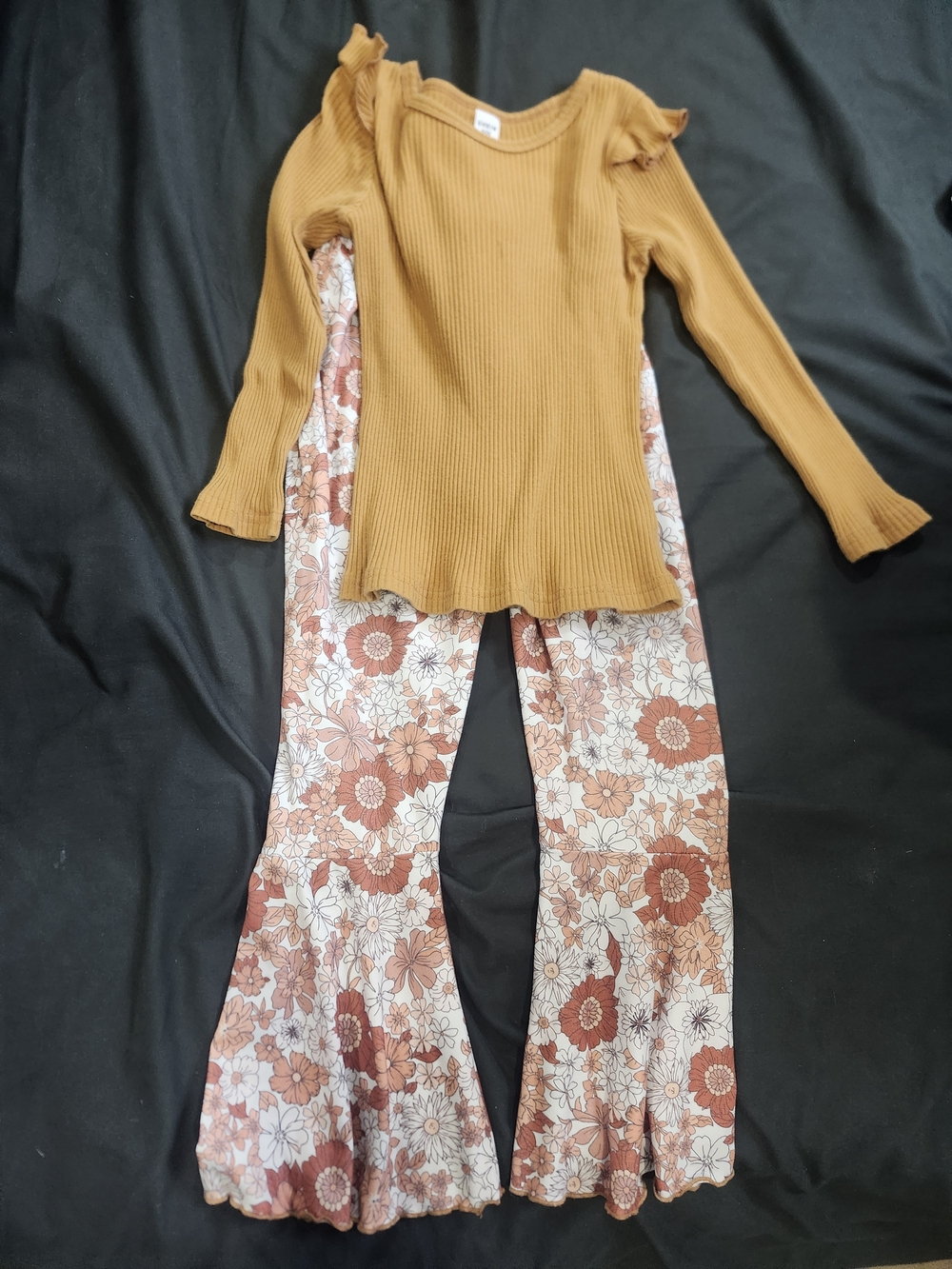 SHEIN Mustard Ribbed Top with Rust Floral Bell-Bottoms